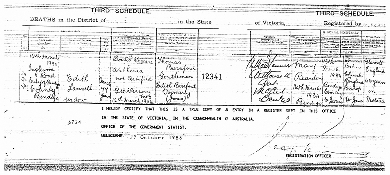 Part of Photo copy of The Death Certificate of Edith Lansell is from the State of Victoria. Edith, a widow lived in Inglewood Road, City of Bendigo. She died on March 12th 1934. She had lived for 46 years in Victoria.