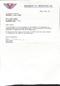 Letter - Bendigo Y's Menettes Inc, 1973