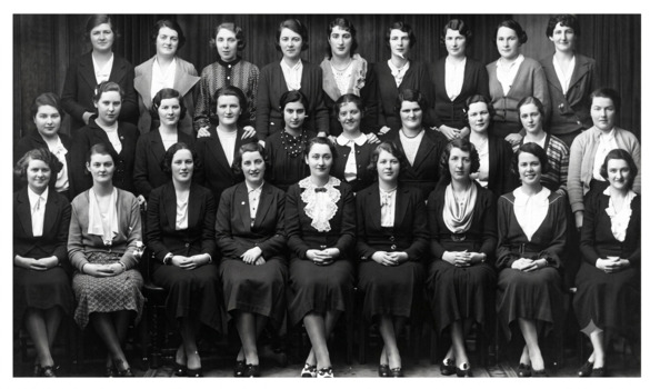 Black and White photo. This document is a historical photograph caption from 1936, listing the names of workers at the former Whiteworks Economic Manufacturing Company. The workers are organized by their position in the photograph (back, middle, and front rows), and their full names are provided.