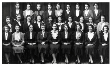 Black and White photo. This document is a historical photograph caption from 1936, listing the names of workers at the former Whiteworks Economic Manufacturing Company. The workers are organized by their position in the photograph (back, middle, and front rows), and their full names are provided.