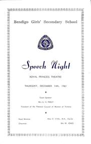 Document - BENDIGO GIRL SCHOOL 1953 SPEECH NIGHT PROGRAMME, 1961