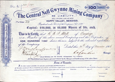 Certificate - Share Certificates: Slate Reef Gold Mining Company and Central Nell Gwynne Mining Company, 1896, 1906