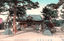 This coloured card shows a Japanese shrine building surrounded by pine trees and stone lanterns: On the card is printed “Hitomaru Jinsha at Akashi. The Japanese translates as “Hitomaru Shrine at Akashi.”