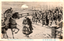 This black-and-white card shows a group of Japanese rōnin crossing a snow-covered bridge, with one man on horseback. On the card is printed “The Ronins Withdrawing over Ryogoku Bridge. 義士両國橋引揚 English translation: “The loyal retainers withdrawing over Ryōgoku Bridge.” The clearly readable Japanese on the bridge post is 両國橋, meaning “Ryōgoku Bridge.” The larger characters on the nearby sign read 深川, meaning “Fukagawa.” The smaller characters beside them are not clear enough for me to translate confidently.