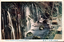This coloured card shows a waterfall cascading over a rock face into a stream. On the card is printed “Chisuji Waterfall at Kowakudani, Hakone.” The Japanese is printed right-to-left. Read in modern order, it is: 箱根小涌谷千筋瀧 English translation: “Chisuji Waterfall at Kowakudani, Hakone.” 瀧 is the older form of 滝, meaning “waterfall.”
