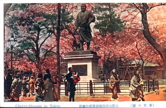 This coloured card shows a statue in a park surrounded by cherry blossom trees and visitors. On the card is printed “Cherry-blossom in Tokyo”, The Japanese translates as:
上野公園西郷銅像前の櫻花 — “Cherry blossoms in front of the Saigō statue in Ueno Park”
東京の櫻 — “Cherry blossoms of Tokyo”