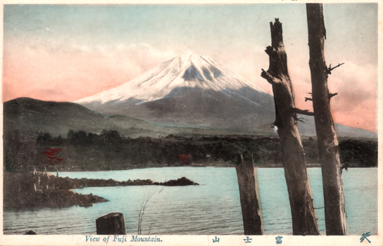 This coloured card shows Mount Fuji beyond a lake, with tree trunks in the foreground. On the card is printed “View of Fuji Mountain.” and “富士山”. The Japanese 富士山 translates as “Mount Fuji.”