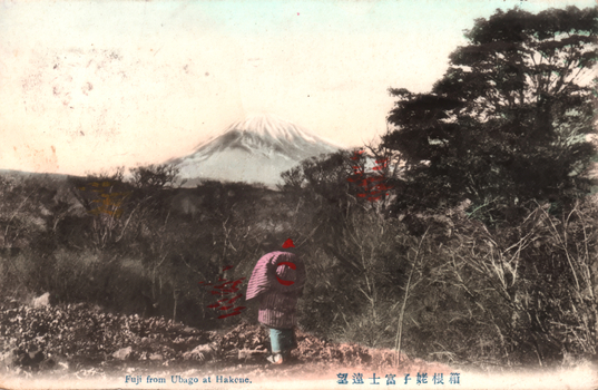 This coloured card shows a person standing in the foreground with Mount Fuji rising beyond trees and scrub. On the card is printed “Fuji from Ubago at Hakone.” and “箱根姥子富士遠望”. The Japanese translates as:
箱根 — “Hakone”
姥子 — “Ubago” / “Ubako”
富士遠望 — “distant view of Fuji”
Together, the Japanese caption means: “Distant view of Mount Fuji from Ubago, Hakone.”