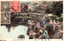 This coloured card shows a landscaped Japanese garden with a pond, bridge and several women in kimono. On the card is printed “Rakurakuen at Hikone” and “彦根 樂々園”. Japanese translation: 彦根 樂々園 — “Rakurakuen, Hikone.”