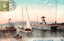 This coloured card shows a harbour entrance with several boats and a watchtower, looking across the water toward Awaji Island. On the card is printed “Awajishima from Akashi Harbor.” and “明石港口ヨリ淡路島ヲ望ム”. Japanese translation: 明石港口ヨリ淡路島ヲ望ム — “View of Awaji Island from the entrance of Akashi Harbor.”