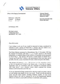 Letter - Jack Lockett Collection: Letter Re Mission to France 1993