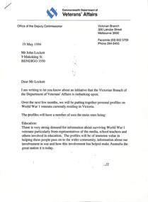 Letter - Jack Lockett Collection: Letter Re Person profiles of W.W.1 veterans