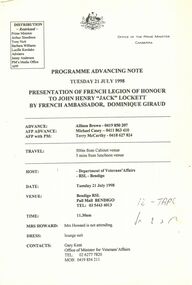 Programme - Jack Lockett Collection: Programme of presentation of French Legion of Honour to Jack Lockett', 1998