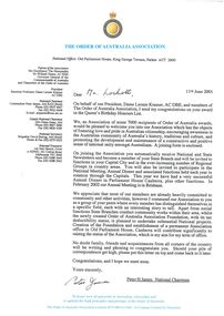 Letter - Jack Lockett Collection: Jack Lockett's Order of Australia, 2001