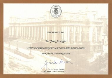 Memorabilia - Jack Lockett Collection: Jack Lockett's 111th birthday, 2002