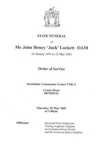 Memorabilia - Jack Lockett Collection: State Funeral Order of Service and Condolence Card, 2002