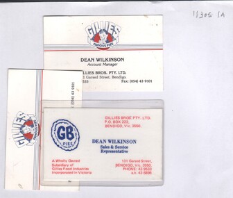 Ephemera - Garran and Dean Wilkinson: Collection: Gillies Business cards and patches