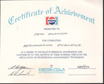 Award - Garran and Dean Wilkinson: Collection: PEPSI Certificate of Achievement - Dean Wilkinson