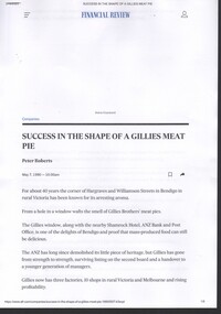 Article - Garran and Dean Wilkinson: Collection: "Success in the Shape of a Gillies Meat Pie" Financial Review article 1990, 1990