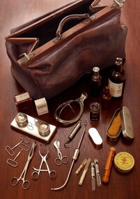 Obstetrician's medical bag containing medical instruments and equipment of Dr