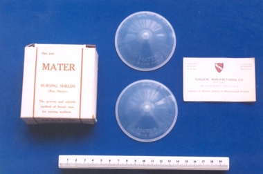 Pair of 'Mater' nipple shields, with original box, associated with Dr Ronald McKenzie Rome, Mater