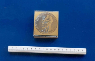 Printing block featuring image of the front of the Blair-Bell Medal, c. 1961, 1961