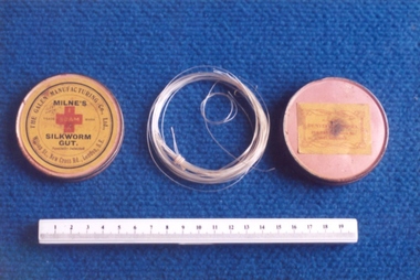 Tin of silkworm gut used by Dr Mitchell Henry O'Sullivan, Galen Manufacturing Co. Ltd, c.1871-1930