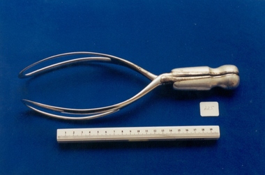 Denman-type short handled obstetric forceps used by Dr Ronald Rome and Dr Kelvin Churches, Lindsay