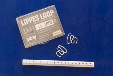 Lippes Loop intrauterine devices with container associated with Professor Geoff Bishop, Ortho Pharmaceutical Corporation