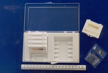 Inhiband (Hall) intrauterine devices with dispensing box, associated with Professor Geoff Bishop, Ayerst International Inc, 1960s-early 1970s