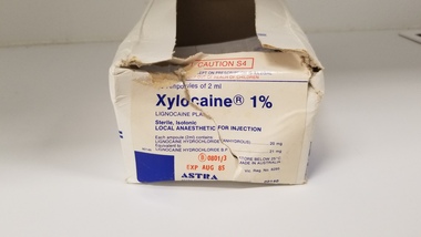 Equipment - Box of Astra Xylocaine 1% ampoules associated with Dr Lachlan Hardy-Wilson, Astra, c. 1985