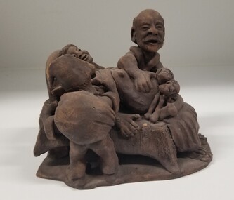 Sculpture - Ceramic vignette of a caesarean section locked twin childbirth