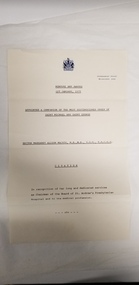 Document - Citation presented to Dr Margaret Alison Mackie for her appointment as a Companion of the Most Distinguished Order of Saint Michael and Saint Georgee, 1 Jan 1975