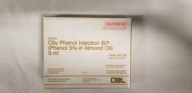Incomplete box of 5ml Phenol ampoules, with hypodermic needle, David Bull Laboratories