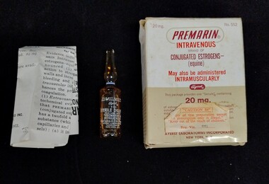 Box containing ampoule of Premarin 20mg medication, Ayerst International Inc