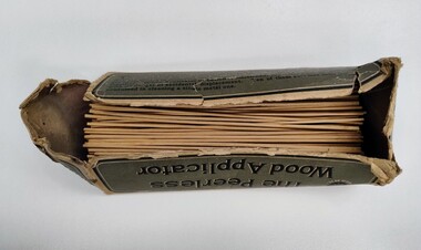 Equipment - Box of wooden applicators associated with Dame Constance D'arcy