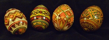 Four engraved wooden eggs, Early 1960s