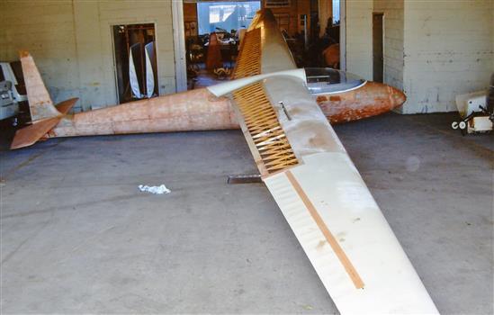Sailplane rigged in basement workshop
