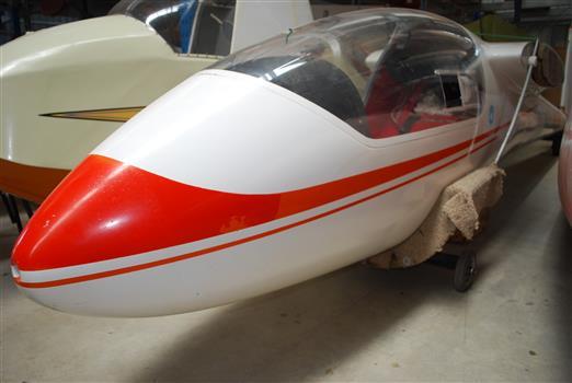 Front view of fibreglass glider fuselage
