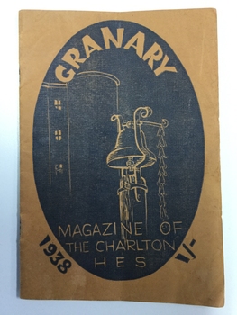 Front cover of a HES school booklet printed to blue on a brown paper background. The print shows an outline of a school bell.