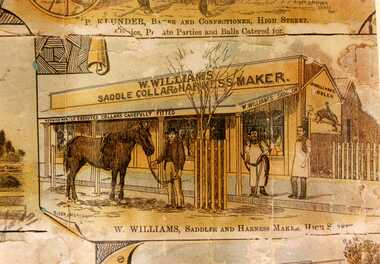  W. Williams Saddle Collar & Harness Maker. Three men in front of shop; one holding a horse, two in aprons. 