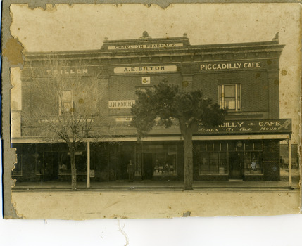 Triple fronted, two storey brick building. Signage shows Charlton Pharmacy top centre of upper storey, A.E. Bilton,(Chemist) J.H. Knight (Dentist), T. Dillon on LH side and Piccadilly Cafe on RH side.
