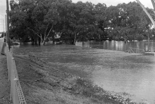 1973 flooded Avoca River. View on west side of Paterson Bridge behind Shire Office, Charlton.