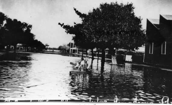 Flood 1933, Armstrong Street, Charlton Victoria, Mr Barber and dog in boat floating down street.