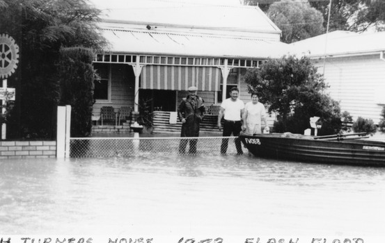 1973 flood. Turner's house in High Street Charlton with boat tethered to the fence