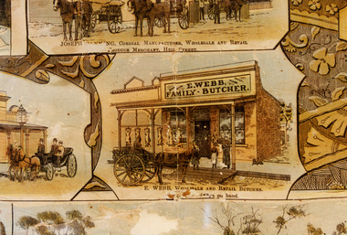 Close up of the E. Webb portion of Lithograph. Showing dray and poeple in front of butchers.