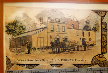 Part of a lithograph of Charlton Business, depicting Flour mill with horse and dray along with four men in front.