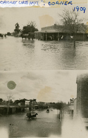 Double photo showing flooded High st and corner pub.