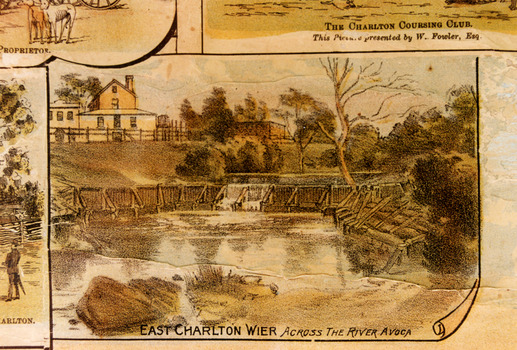 Close up of a portion of the Lithograph showing the old wooden East Charlton Weir.