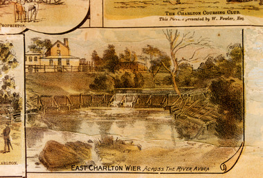 Close up of a portion of the Lithograph showing the old wooden East Charlton Weir.